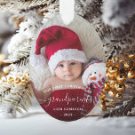 2-Photo Grandparents First Christmas White Script Ornament<br><div class="desc">Help them celebrate their first grandchild with this beautiful modern keepsake ornament. The white text reads "Our first Christmas as grandparents, " with the word "grandparents" in elegant handwriting script with flourishes before and after. The reverse side provides space for a second photo of your choice with the same white...</div>