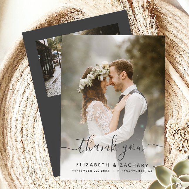 2-Photo Gray Script Wedding Thank You Card (Creator Uploaded)