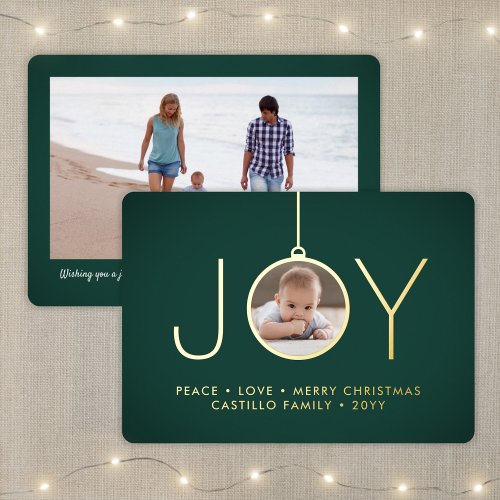 2 Photo Green Modern Joy Christmas Ornament Foil Holiday Card