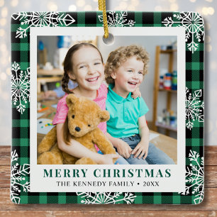  2 Photo Green Plaid Snowflakes Merry Christmas  Ceramic Ornament