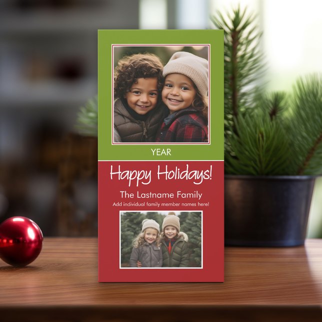 2 Photo - Green Red Minimal - Happy Holidays Holiday Card (Online Christmas card template, minimal design with 2 photos. Download option available)