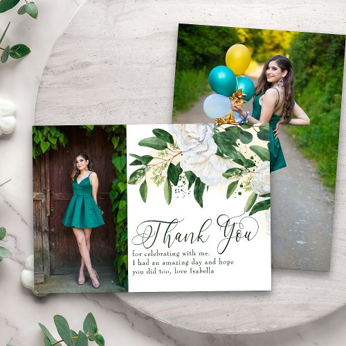2 Photo Greenery Peony Rose Floral Thank You Card