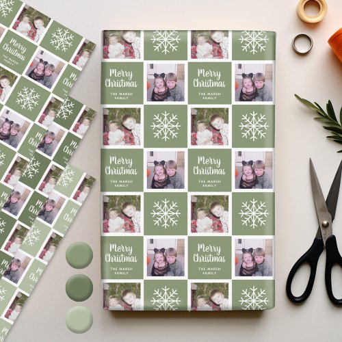 2 Photo Greens _ Merry Christmas Snowflakes Wrapping Paper Sheets