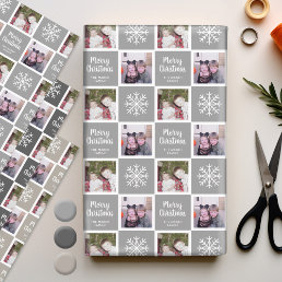 2 Photo Grey Neutrals Merry Christmas Snowflakes Wrapping Paper Sheets
