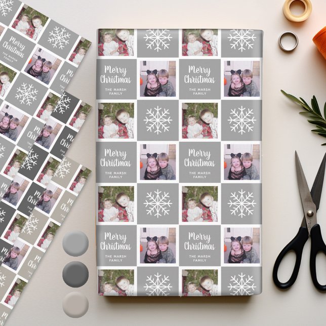 2 Photo Grey Neutrals Merry Christmas Snowflakes Wrapping Paper Sheets (Personalized Wrapping Paper - add photos to this festive holiday design)