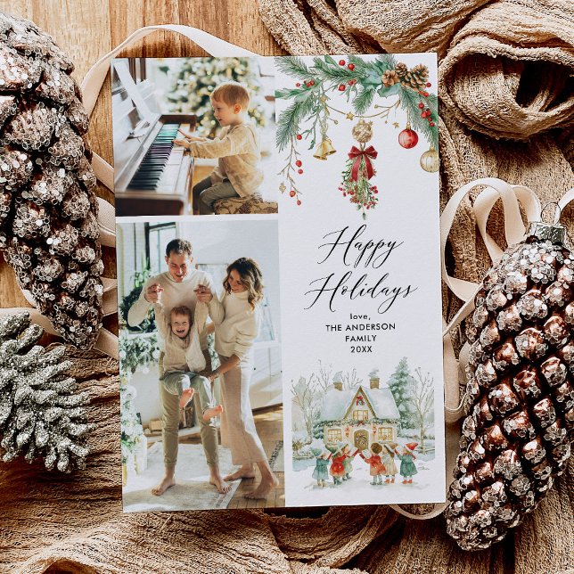 2 Photo Happy Holidays Cute Carolers Winter Scene Holiday Card (Creator Uploaded)