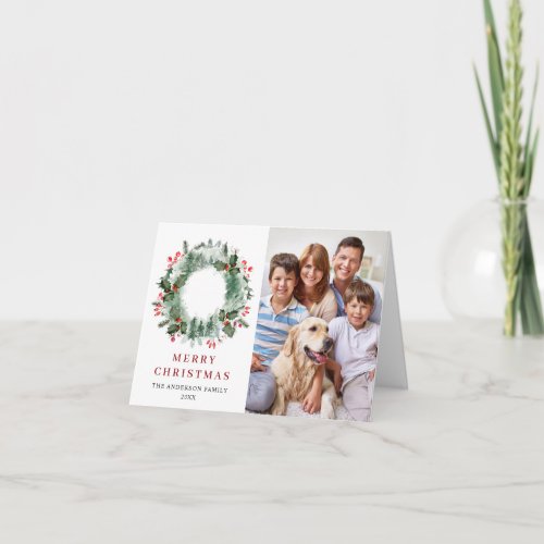 2 PHOTO Holly Berry Wreath Christmas Greeting Holiday Card
