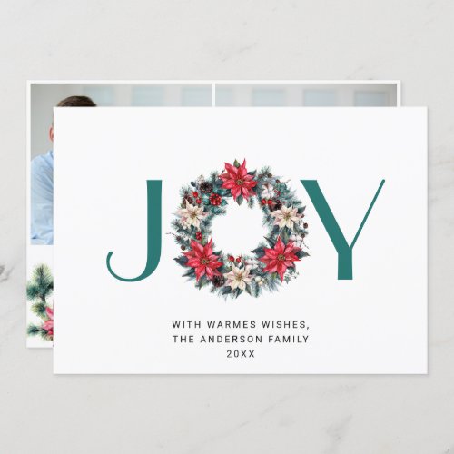 2 PHOTO Holly Poinsettia Wreath Christmas Greeting Holiday Card