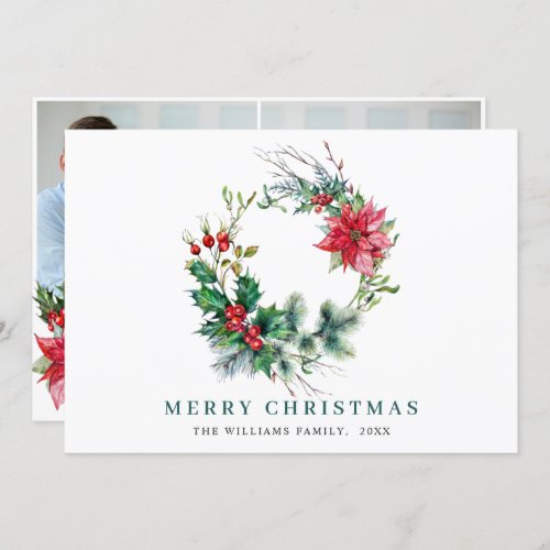 2 PHOTO Holly Poinsettia Wreath Christmas Greeting Holiday Card