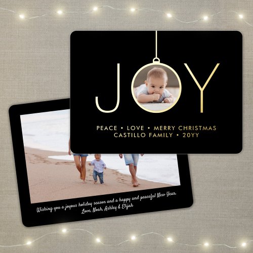 2 Photo Joy Christmas Ornament Chic Black Modern Foil Holiday Card