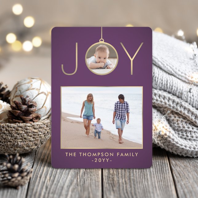 2 Photo Joy Christmas Ornament Chic Purple & Gold Holiday Card (Creator Uploaded)