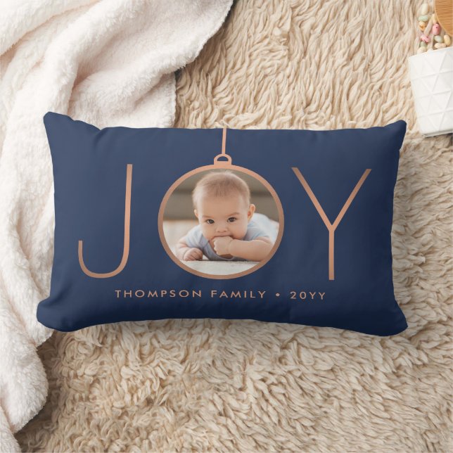 2 Photo JOY Navy Blue Copper Chic Modern Christmas Lumbar Pillow (Blanket)