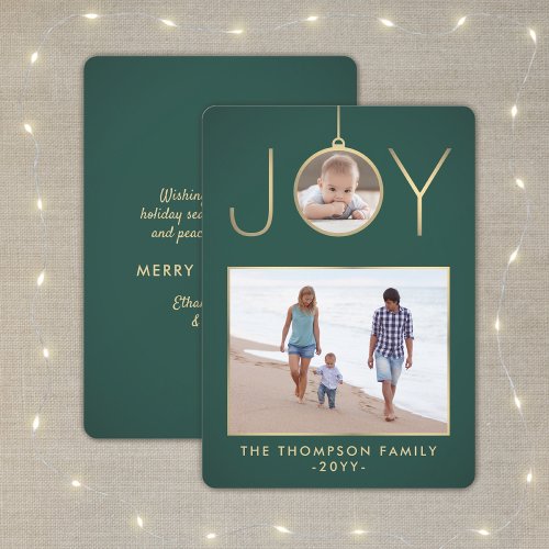 2 Photo Joy Ornament Elegant Modern Green and Gold Holiday Card