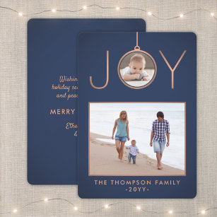 2 Photo Joy Ornament Elegant Modern Navy & Copper Holiday Card