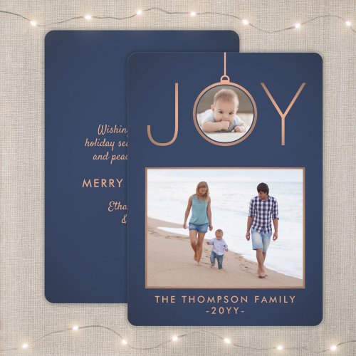 2 Photo Joy Ornament Elegant Modern Navy  Copper Holiday Card