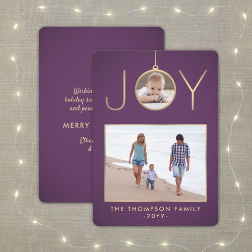 2 Photo Joy Ornament Elegant Modern Purple  Gold Holiday Card