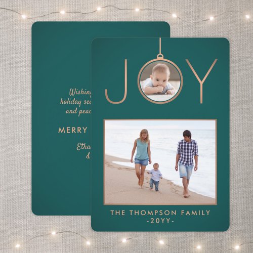 2 Photo Joy Ornament Elegant Modern Teal  Copper Holiday Card