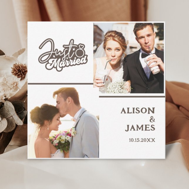 2 Photo Just Married Modern Script Heart Wedding  Announcement (Creator Uploaded)