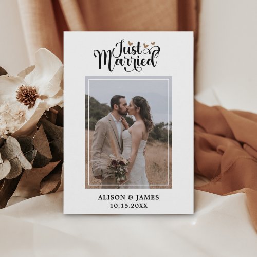 2 Photo Just Married Modern Script Heart Wedding  Announcement