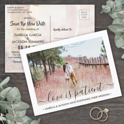 2 Photo Love is Patient Wedding Change the Date Announcement Postcard
