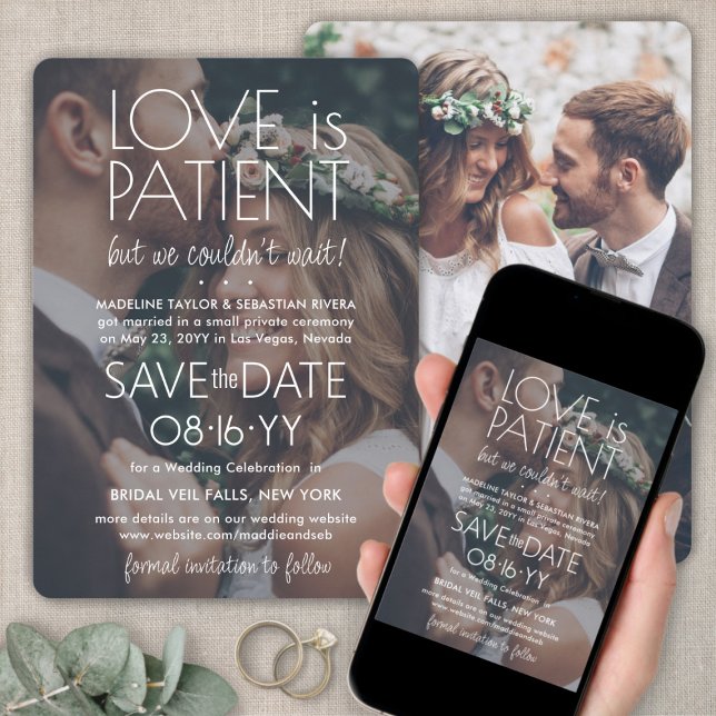 2 Photo Love is Patient Wedding Reception White Save The Date (Creator Uploaded)