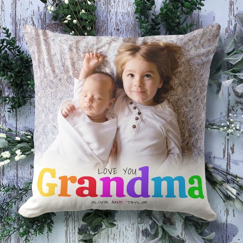 2 Photo Love You Grandma Colorful Bold Type Modern Throw Pillow