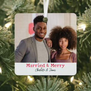 2 Photo Married And Merry First Christmas Married Metal Ornament