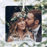 2 Photo Merrily Ever After Newlyweds 1st Christmas Metal Ornament<br><div class="desc">Celebrate a joyful 1st holiday as Mr. & Mrs. with a custom 2 photo "Merrily Ever After" square metal ornament. All text on this template is simple to personalize with any wording, such as Merry and Married, Our First Christmas, etc. (IMAGE PLACEMENT TIP: An easy way to center a picture...</div>