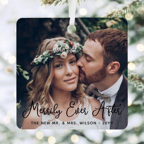 2 Photo Merrily Ever After Newlyweds 1st Christmas Metal Ornament