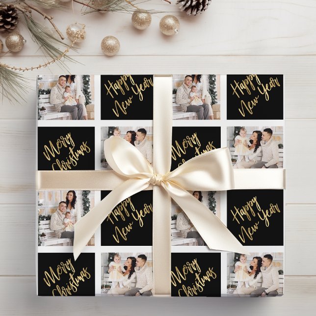 2 Photo Merry Christmas Happy New Year Gold Script Wrapping Paper (Creator Uploaded)