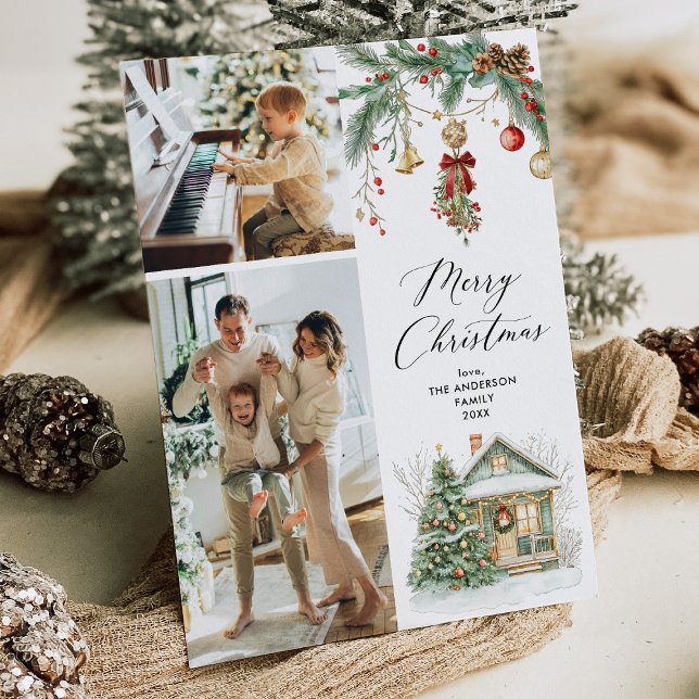 2 Photo Merry Christmas Winter Greenery Foliage Holiday Card (Creator Uploaded)