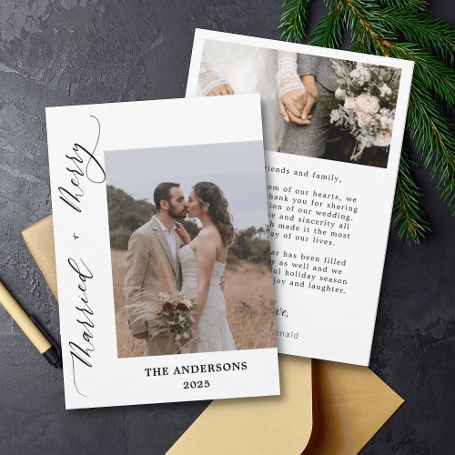 2 Photo Merry Married Script Wedding Christmas Thank You Card