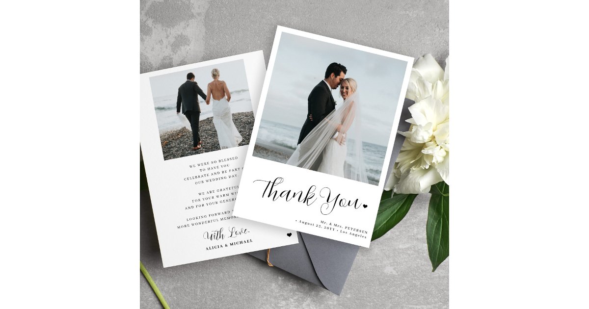 2 photo minimalist calligraphy script wedding thank you card | Zazzle