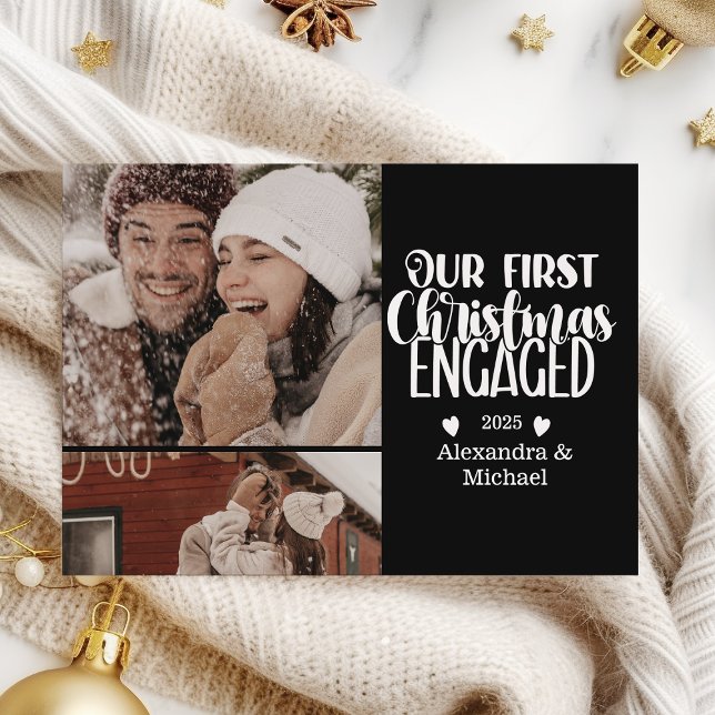 2 Photo Minimalist First Christmas Engaged Holiday Card (Creator Uploaded)