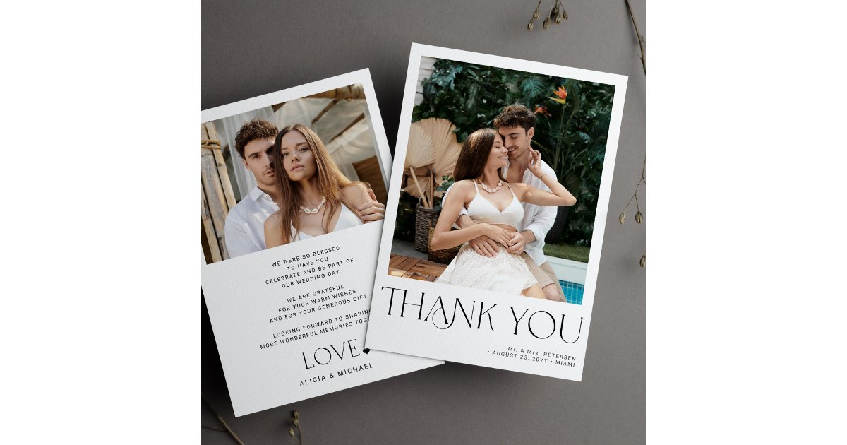 2 photo minimalist modern typography wedding thank you card | Zazzle