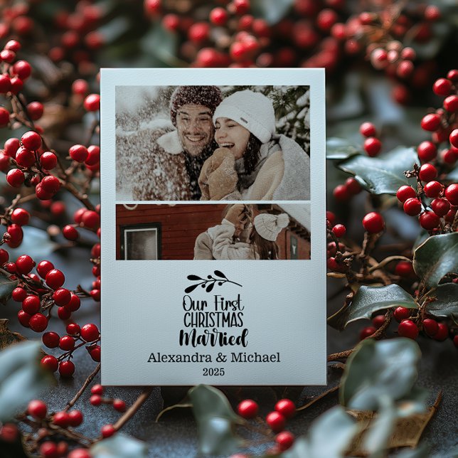2 Photo Minimialist Our First Christmas Married Holiday Card (Creator Uploaded)