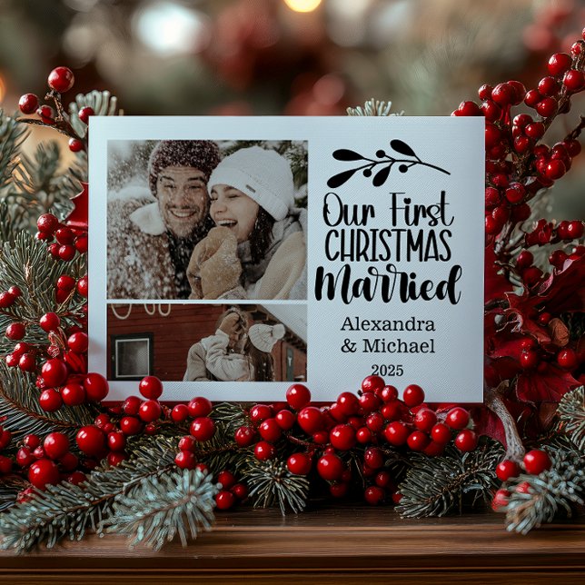 2 Photo Minimialist Our First Christmas Married Holiday Card (Creator Uploaded)