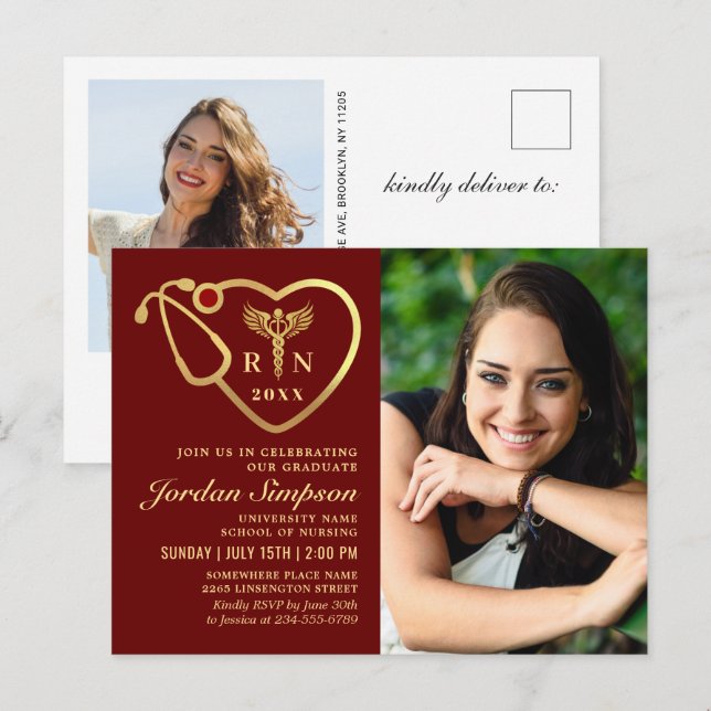 2 Photo Modern Black Gold Nursing Graduation Invitation Postcard (Front/Back)