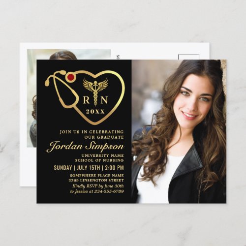 2 Photo Modern Black Gold Nursing Graduation  Invitation Postcard