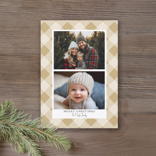 2 Photo Modern Buffalo plaid - Rustic Gold Merry Holiday Card