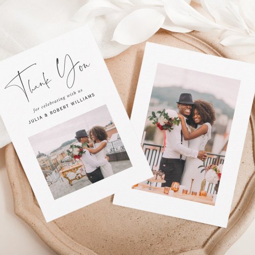 2 Photo Modern Calligraphy Wedding Thank You Card