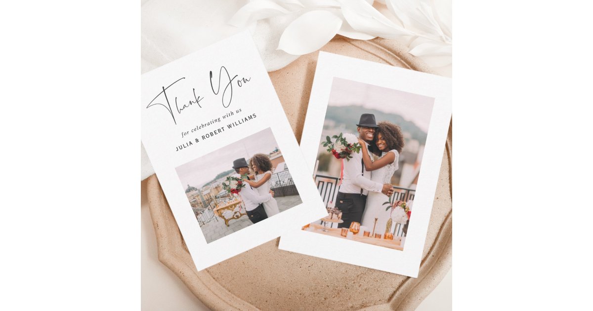 2 Photo Modern Calligraphy Wedding Thank You Card | Zazzle