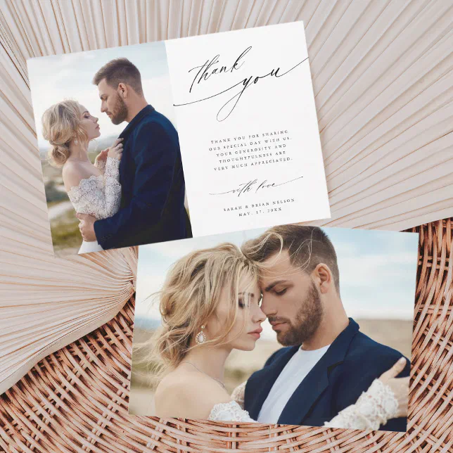 2 Photo Modern Chic Calligraphy Wedding Thank You Card | Zazzle