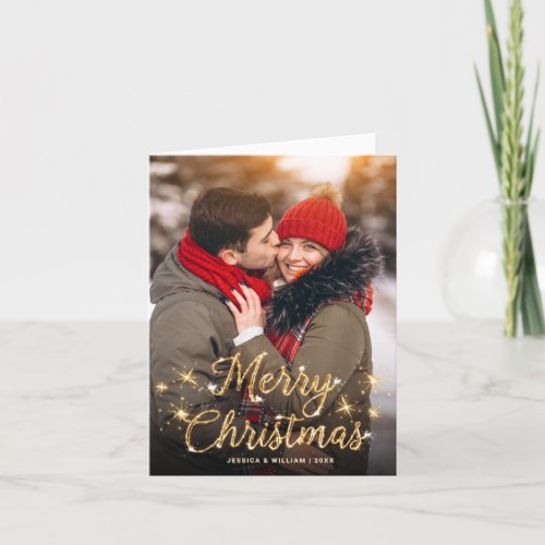 2 PHOTO Modern Golden Christmas Greeting Holiday Card