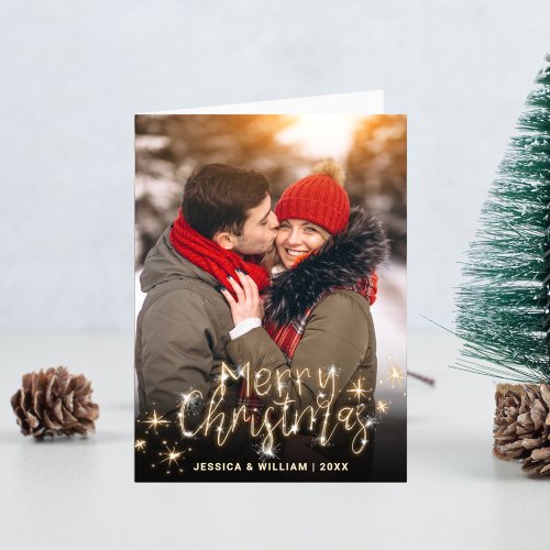 2 PHOTO Modern Golden Christmas Greeting Holiday Card
