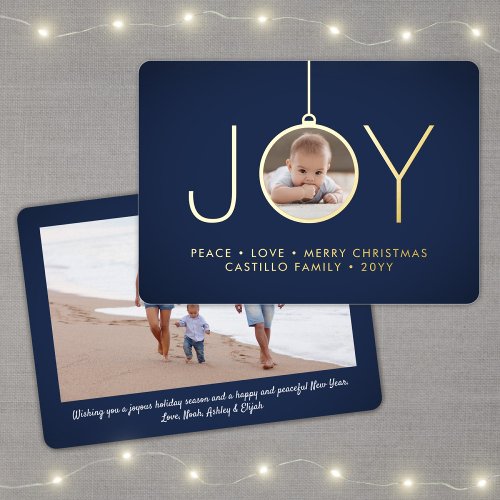 2 Photo Modern Joy Christmas Ornament Navy  Gold Foil Holiday Card