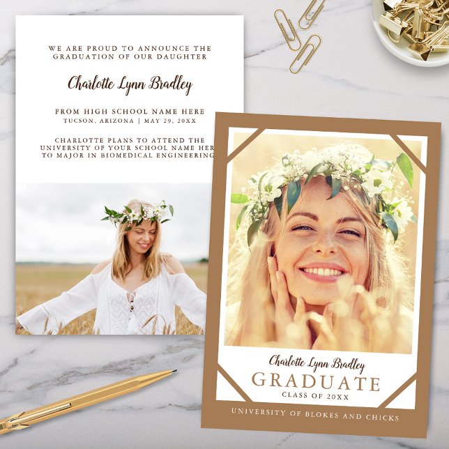 2 Photo Modern Minimalist Graduation Announcement (Modern beige taupe graduation announcment with 2 photos and simple trendy script with typography)