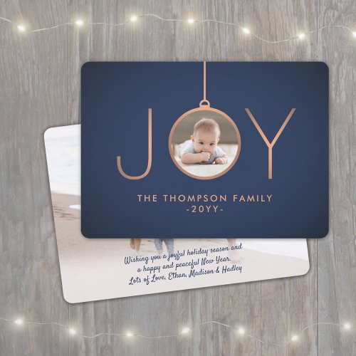 2 Photo Modern Minimalist Joy Navy Blue Copper Holiday Card