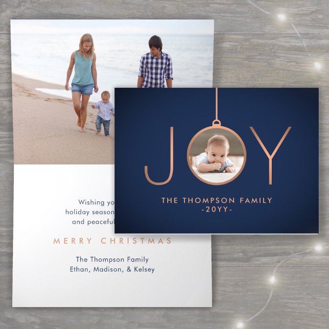 2 Photo Modern Minimalist Joy Navy Blue Copper Holiday Card (Creator Uploaded)