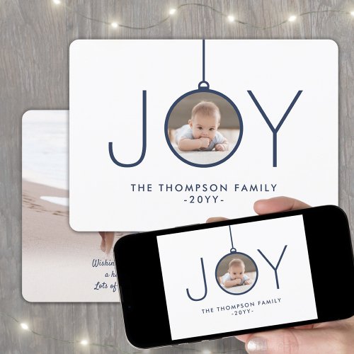 2 Photo Modern Minimalist Navy Blue White Joy Holiday Card